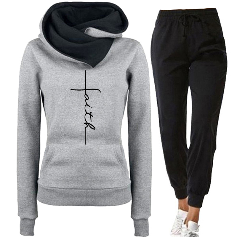 Winter Woman Tracksuit 2 Piece Set Hoodies+Pants Faith Embroidered Sweatshirt Long Sleeve Pullovers Casual Warm Women's Suit 201113