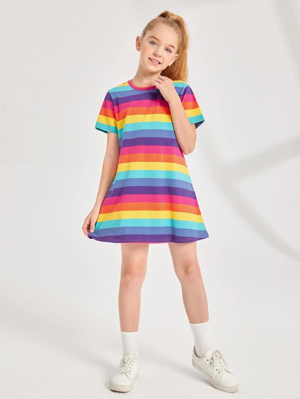 Girls Rainbow Striped Tee Dress SHE