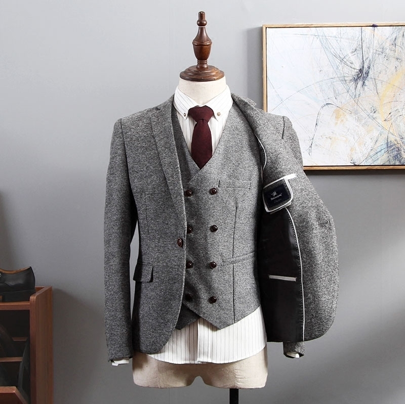 Brown Herringbone Tweed Suit Men Business Dress 3-pieceKorean Slim Fit Groom Wedding Party Suits Tuxedo 6XL Traje Novio 201105