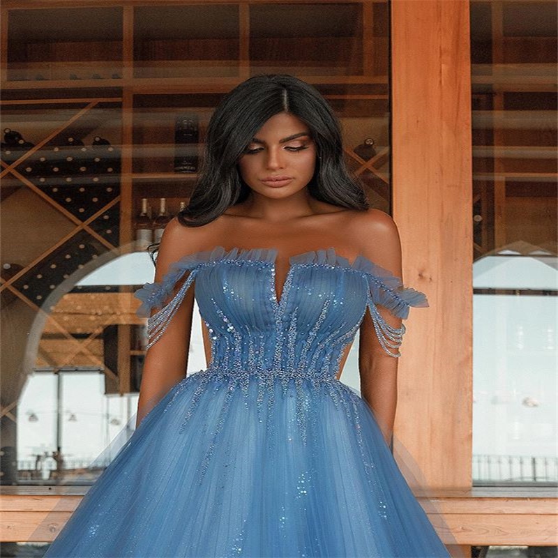 Sparkly A-line Evening Dresses Off-shoulder Sequins Beading Prom Dresses Ruffle Tulle Bling Sweep Train Formal Party Gown