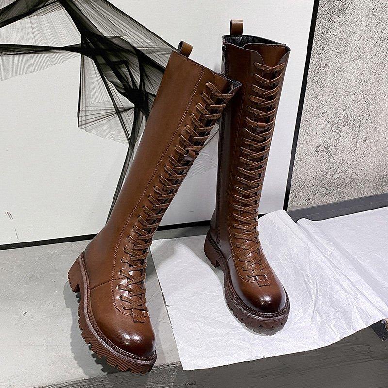 Knee High Boots Lace Up Women Shoes Platform Chunky Boots Winter Motorcycle Women Punk Shoes Goth Botines Mujer 2020, Black