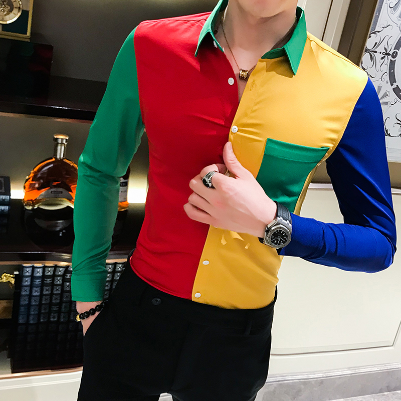 2020 Multi-color Long Distinctive Sleeve Hit Color Joint Division Patwork Shirt Prom Club Thin Fit Homme Manche Longue J7jg, Green collar.
2020 Multi-color Long Distinctive Sleeve Hit Color Joint Division Patwork Shirt Prom Club Thin Fit Homme Manche Longue J7jg, Green collar.