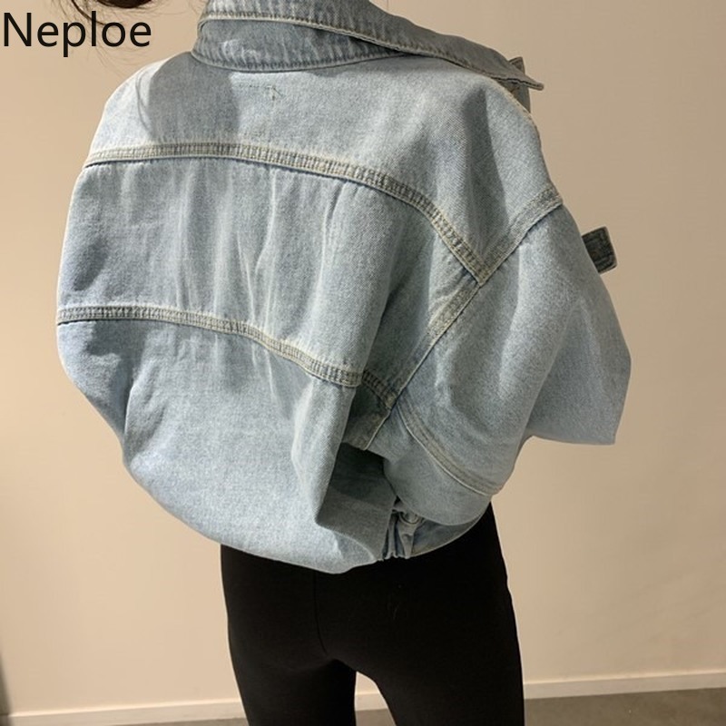 Neploe Ladies Denim Jacket Women Harajuku Vintage Jean Coat Streetwear Basic Outerwear Washed Blue Jeans Bomber 1A805 201017