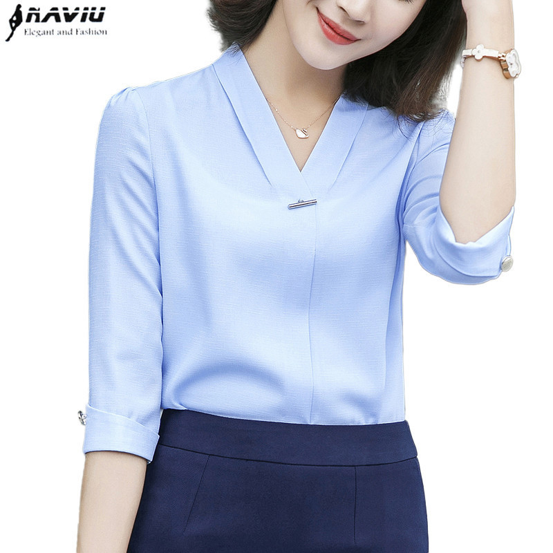 Fashion women Chiffon shirt new summer V neck half sleeve slim blouse office ladies formal plus size tops T200321