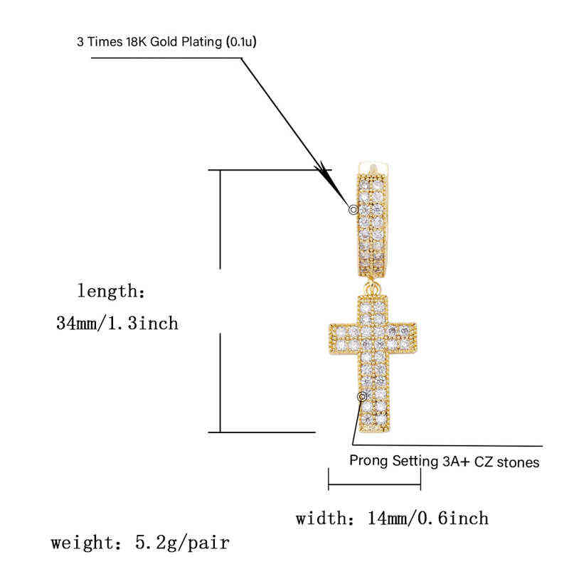 TOPGRILLZ Cubic Zirconia Bling Iced Cross Earring Gold Silver Color Copper Material Earrings for Men Women Hip Hop Rock Jewelry 220125