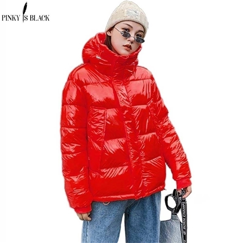 PinkyIsBlack Thicken Hooded Winter Jacket Women Parkas Short Coat Casual Glossy Warm Winter Coat Women Jaqueta Feminina 201202