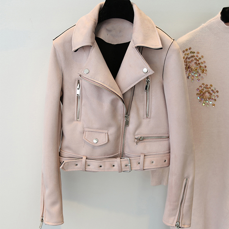 Fitaylor Yellow Suede Leather Jacket Women Slim Zipper Biker Coat Black Motorcycle Biker Belted Short Coats Basic Street Outwear 201030