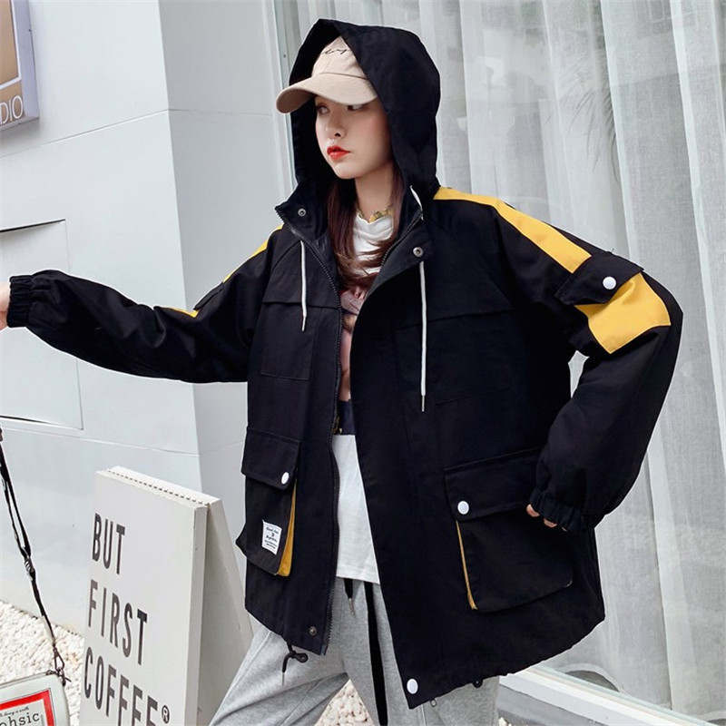 ZQLZ Spring Harajuku Spring Jackets Coats Women Casual Hooded Black Overcoat Female Plus Size Autumn Coat Mujer 201029