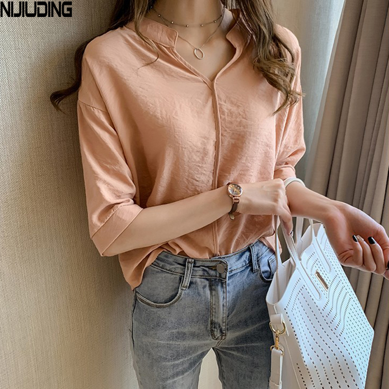NIJIUDING Women Half Sleeve Loose Shirts Shirt OL Clothes Plain Casual Blouse Office Lady Summer Chiffon Shirts blusa feminina 201125