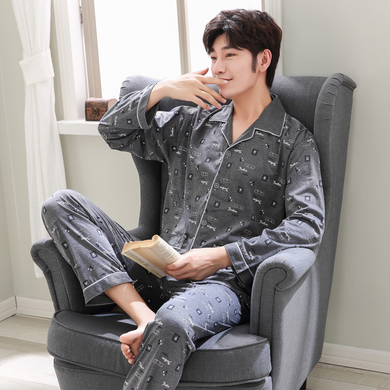 Spring Knitted Mens Pajama Set Cardigan Fold-down Collar Middle-aged Tracksuit Autumn MEN'S Wear Long Sleeve Pajamas 201109