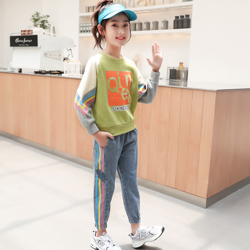 Children Clothing 3-12 Year 2020 Autumn Winter Teens Girls Clothes Top+Jeans2pcs Outfit Kids Sports Suit For Girls Clothing SetsX1019