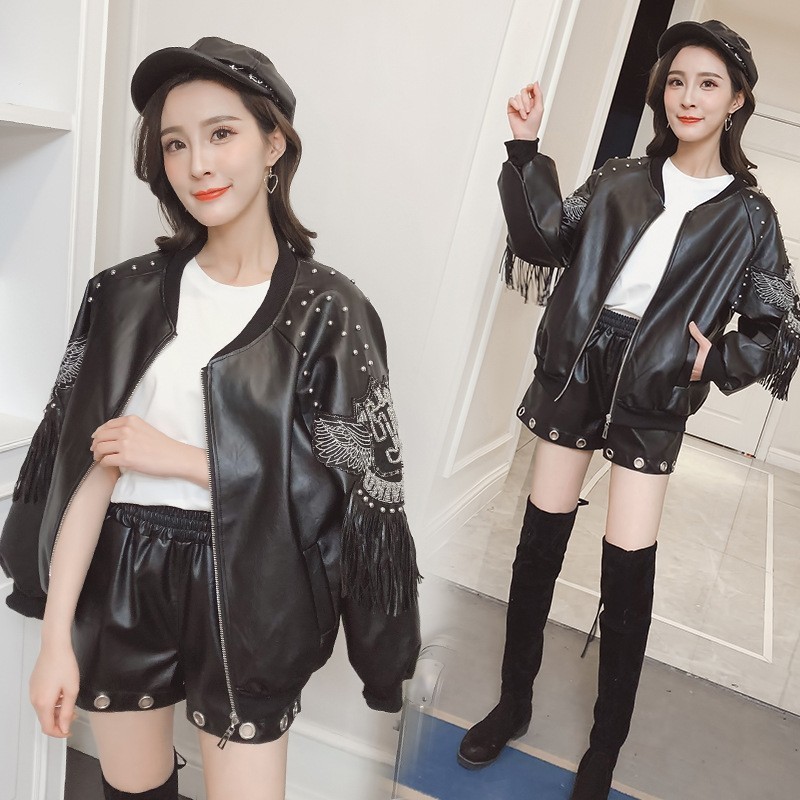 Spring Autumn Tassel Rivet Short Biker Soft Pu Leather Jacket Women Print Long Sleeve streetwear Zippers Female Coats PY31 201020