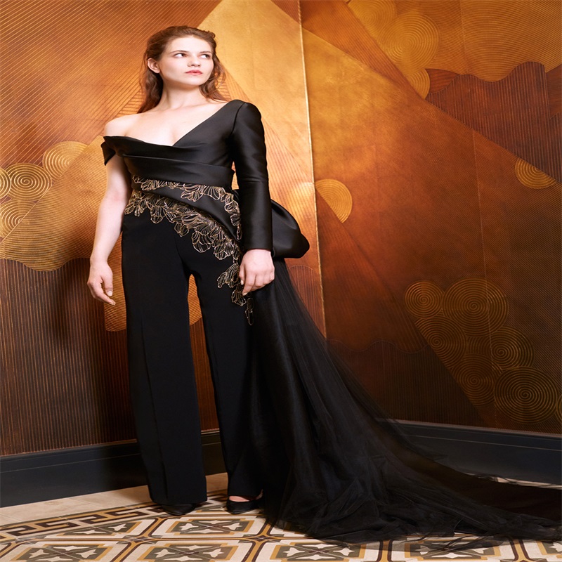 Newest Jumpsuit Prom Dresses Black Ruffles Chic Satin Evening Dress Appliqued Lace Formal Party Pageant Dress Custom Made Ruched Tulle