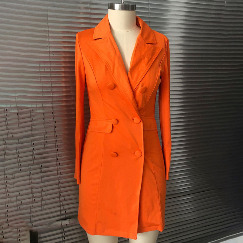 Women Chic Black Orange Blazer Dress Pockets Double Breasted Blazers Jacket Female Spring Office Lady Dresses Feminino 201102