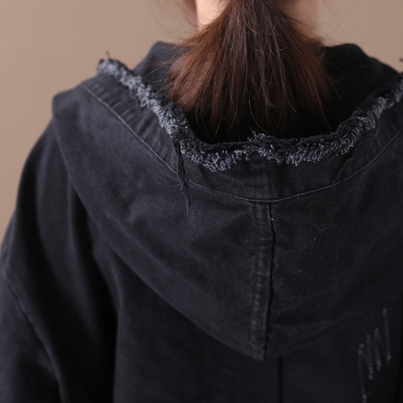 CHICEVER Korean Denim Jacket Female Hooded Long Sleeve Pockets Asymmetric Frayed Coat Women Casual Fashion Clothes 201017