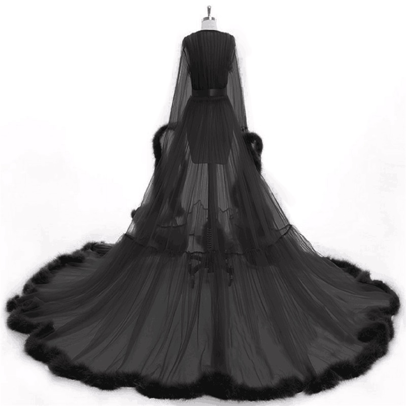Black Fur Robe Bridesmaid Bride Long Sleeves Sleep Wear Custom Made Pajamas Wedding Robe Nightgown Soft Ruffles Tulle Sweep Train
