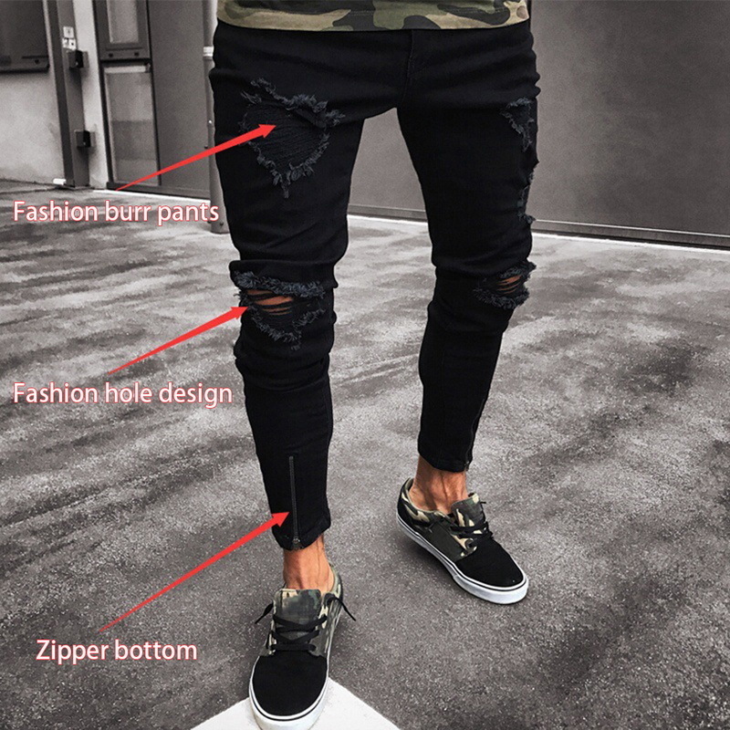 Oeak Mens Fashion Skinny Destroyed Denim Patch Pencil Pants Ripped Hole Slim Fit Zipper Black Elastic Jeans 201111