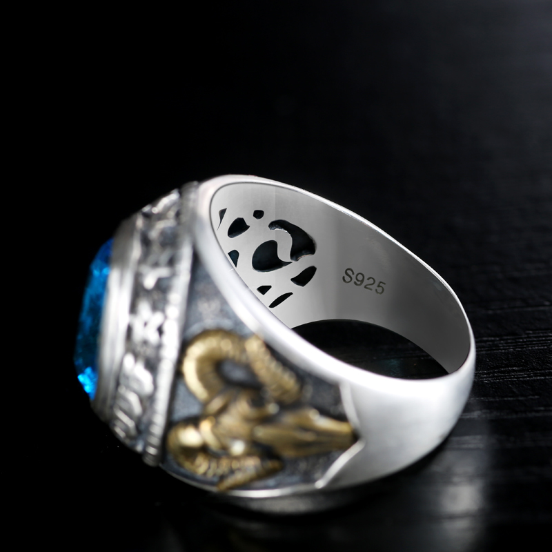 ZABRA 925 Silver Blue Zircon Men Ring Vintage Stone Punk Rock Gold Sheep Head Thai Handmade Women Rings Sterling Silver Jewelry 201112