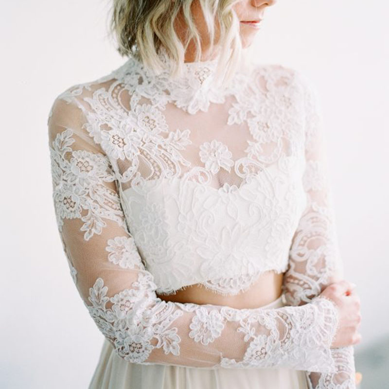 Two Piece Boho Beach Wedding Dress A Line 2021 Long Sleeves Bride Dresses Top Appliqued High Neck Illusion Lace Chiffon Country Bridal Gowns