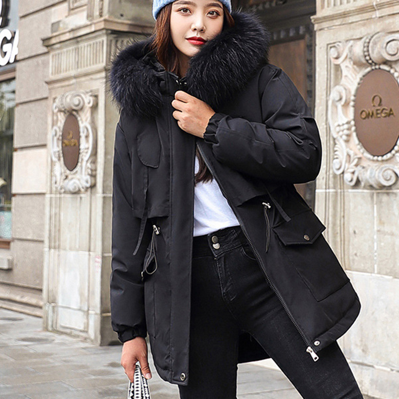 Korean big fur collar jacket women winter thicken warm parkas coats plus size loose casual winter clothes women outwear 201019