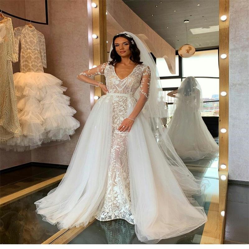 2021 Mermaid Wedding Dresses With Detachable Train V-neck Long Sleeve Bridal Gowns Full Appliqued Lace Sweep Train Vestidos De Novia