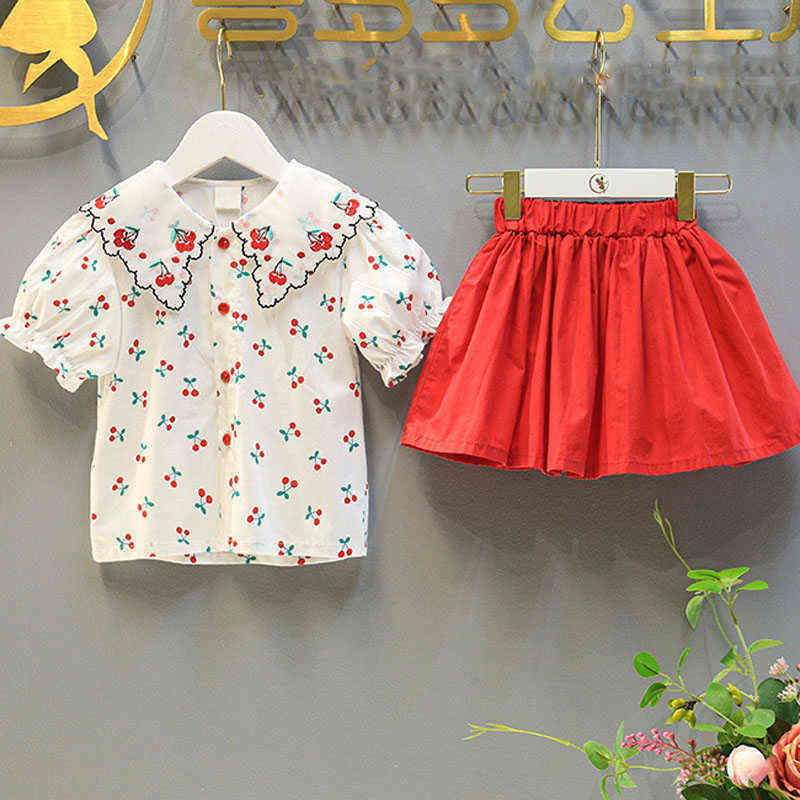 Summer New Girl Clothes Suit Embroidered Cherry Lace Lapel Top+Elastic Waist Skirt Two-Piece Baby Kids Suit Children'S Clothing Y220310