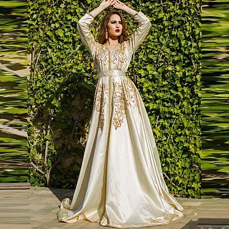 Luxury Ivory Moroccan Caftan Evening Dresses Full Sleeves Beaded Golden Appliques Sash Muslim Dubai Saudi Arabic Formal Gowns Prom Dress