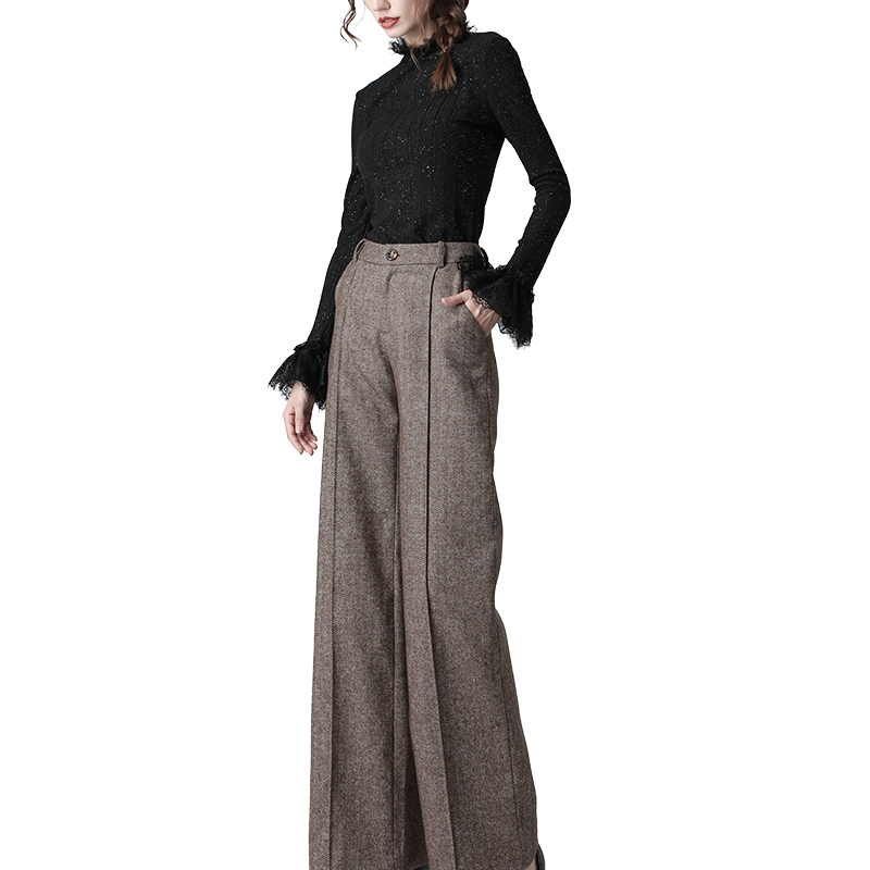 Fashion Wool Wide Leg Pants Women High Waist Straight Casual Brown Long Pants Warm Thicken Winter Trousers Plus Size Street wear 201228