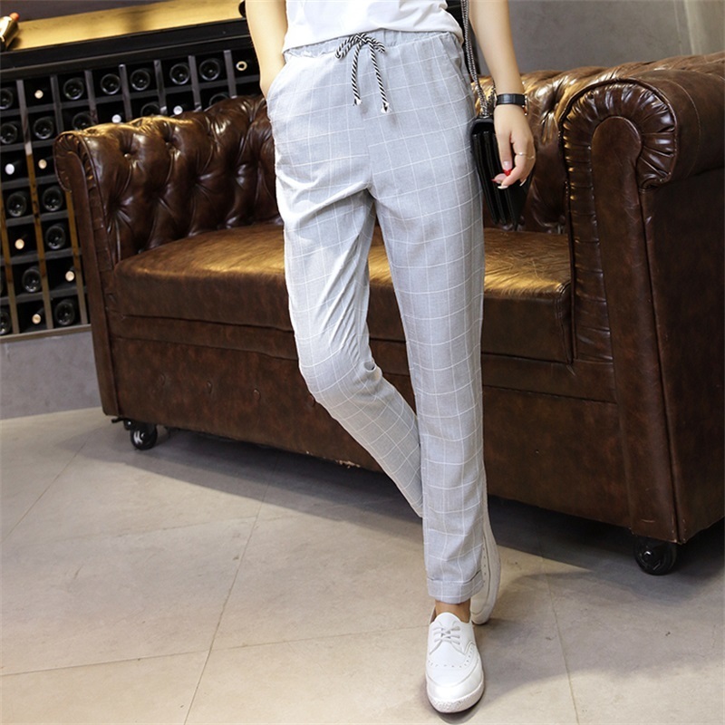 Spring Summer Women Harem Pants Elastic Waist Plaid Casual Loose Pants Fashion Ankle-length Straight Pants Vintage Trousers 201031