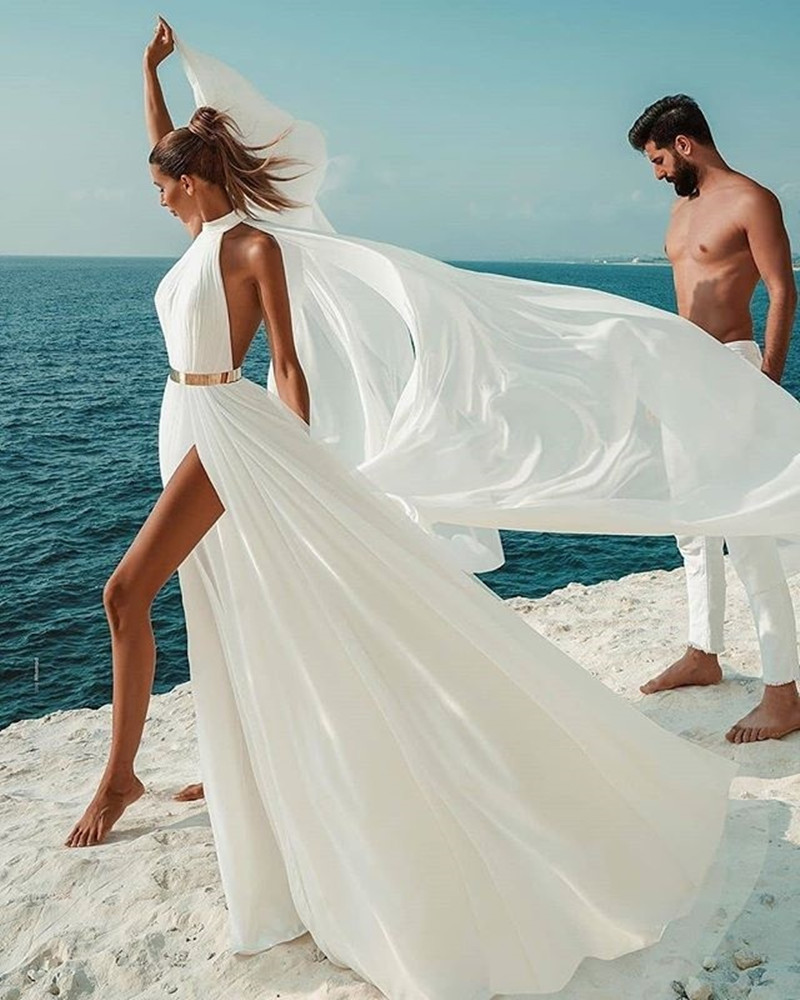 2025 Wedding Dress Simple Beach Sexy Backless A Line Ivory White Chiffon Halter Neck Bridal Party Gown vestidos de novia robe de mariage
