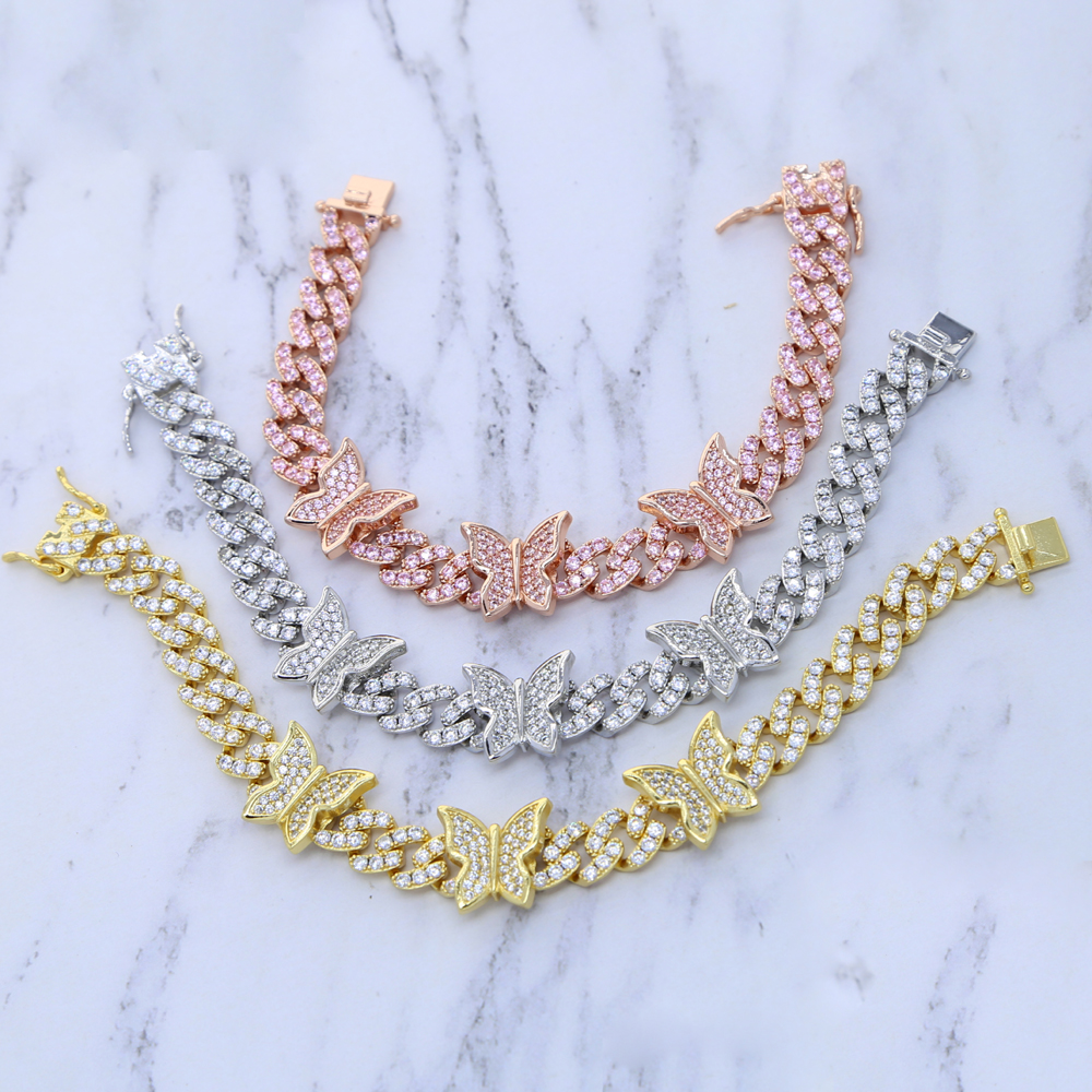 2024 Women Hip Hop Butterfly Charm Cuban Chain Bracelet Bangle with White Pink 5A cz Paved Gold Rose Gold Silver Color for Women Wedding