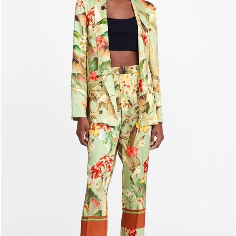 Summer Suit Set Leisure Kimono Blazer Jacket High Waist Straight Pants Two Piece Set Floral Printing Vacation Clothes Women 201120