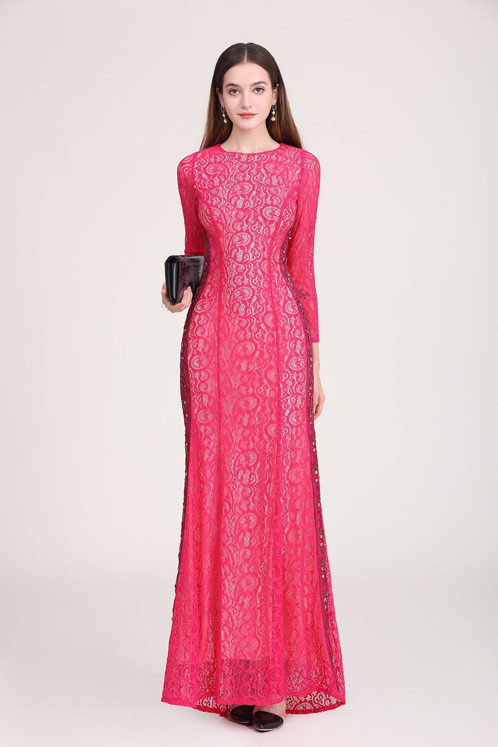 Women's Party Dress O Neck Embroidery Lace Long Sleeves Beaded Elegant Long Prom Runway Dresses