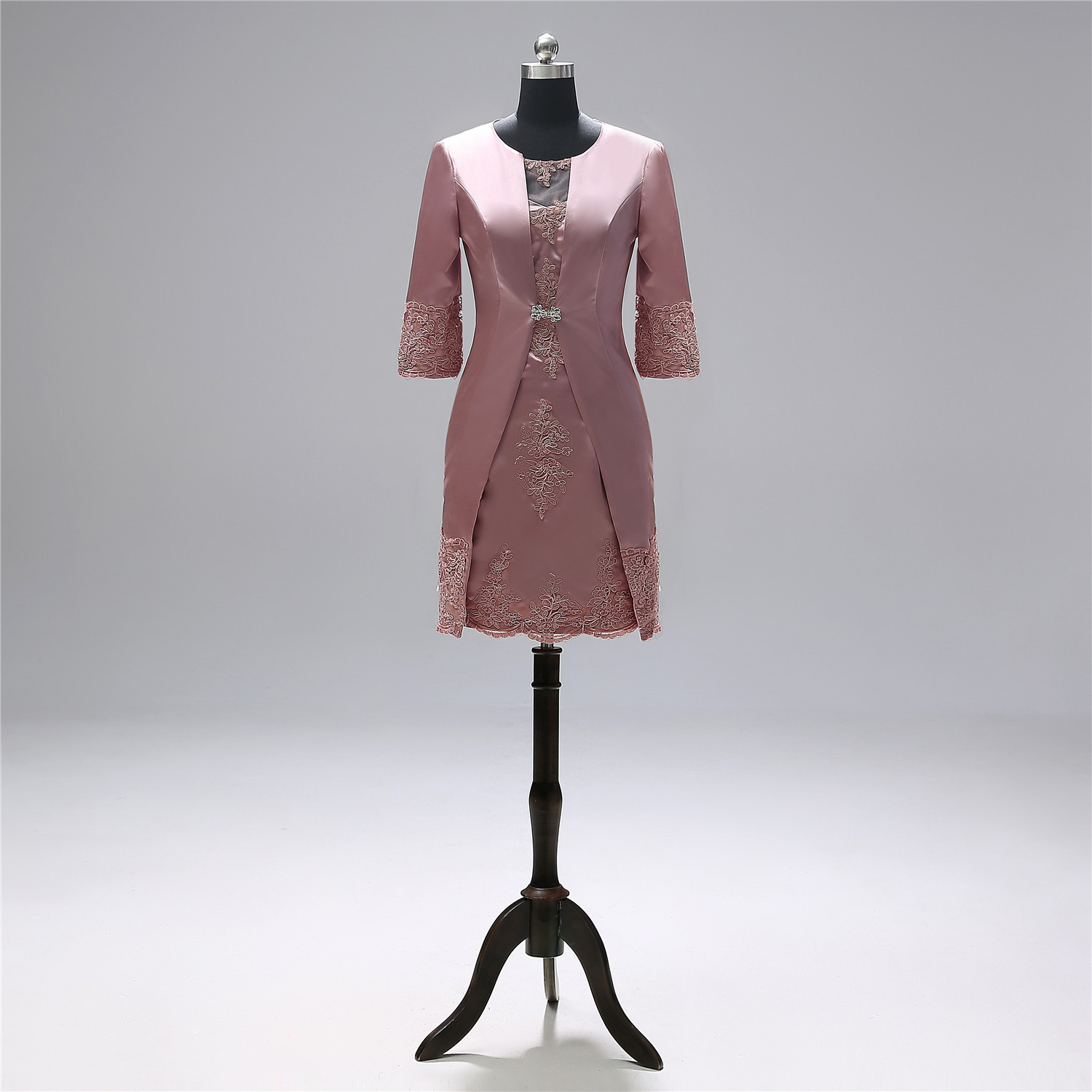 knee length Mother of Bride Groom Dresses with lace jacket two pieces real photos 3/4 Sleeves Sheath Long Mother Dresses Formal Evening Gown