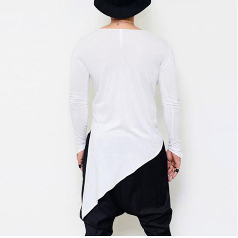 New Fashion Asymmetrical Men Long T shirt Side split long Sleeve T-Shirt Hip Hip Tops Tee vintage streetwear gothic tops 201004