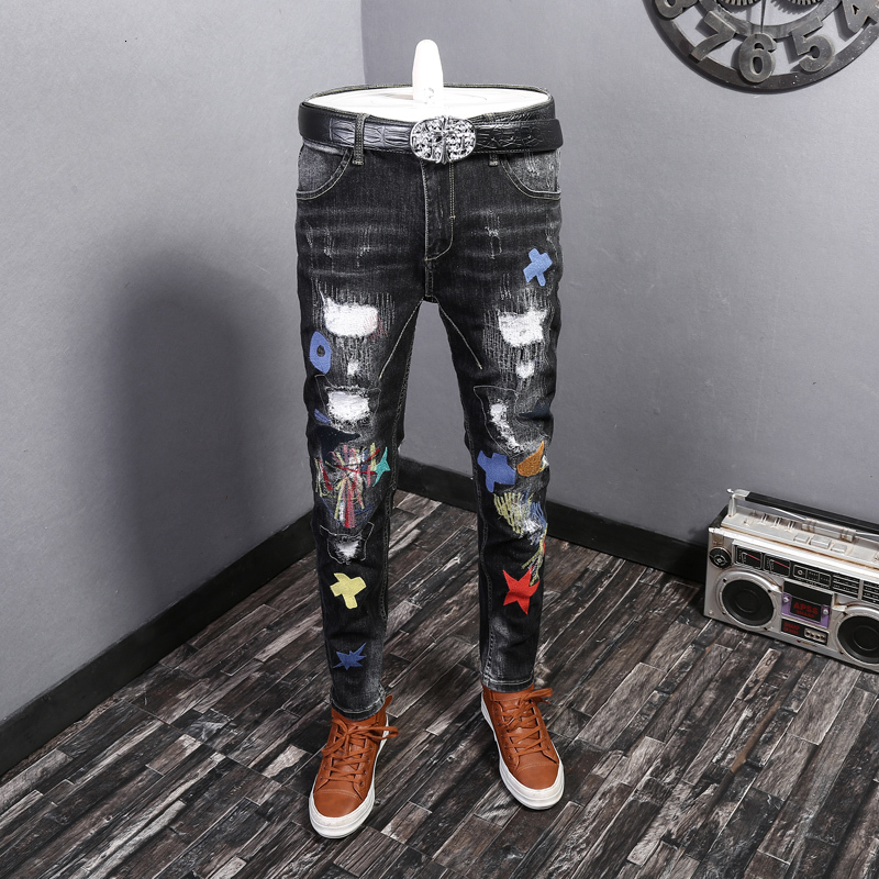 2021 New Fashion Streetwear Black Color Elastic Slim Fit Ripped Men Patches Designer Pencil Pants Hip Hop Jeans Homme Cwda
2021 New Fashion Streetwear Black Color Elastic Slim Fit Ripped Men Patches Designer Pencil Pants Hip Hop Jeans Homme Cwda