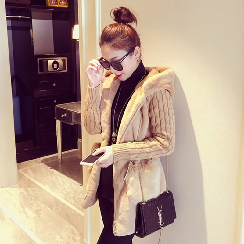 Spring Autumn Jacket Women Hooded Coat Furry Faux Fur Knit Sweater Coat Big Pocketswomen Coats And Jacket Plus Size Women Jacket T200111
