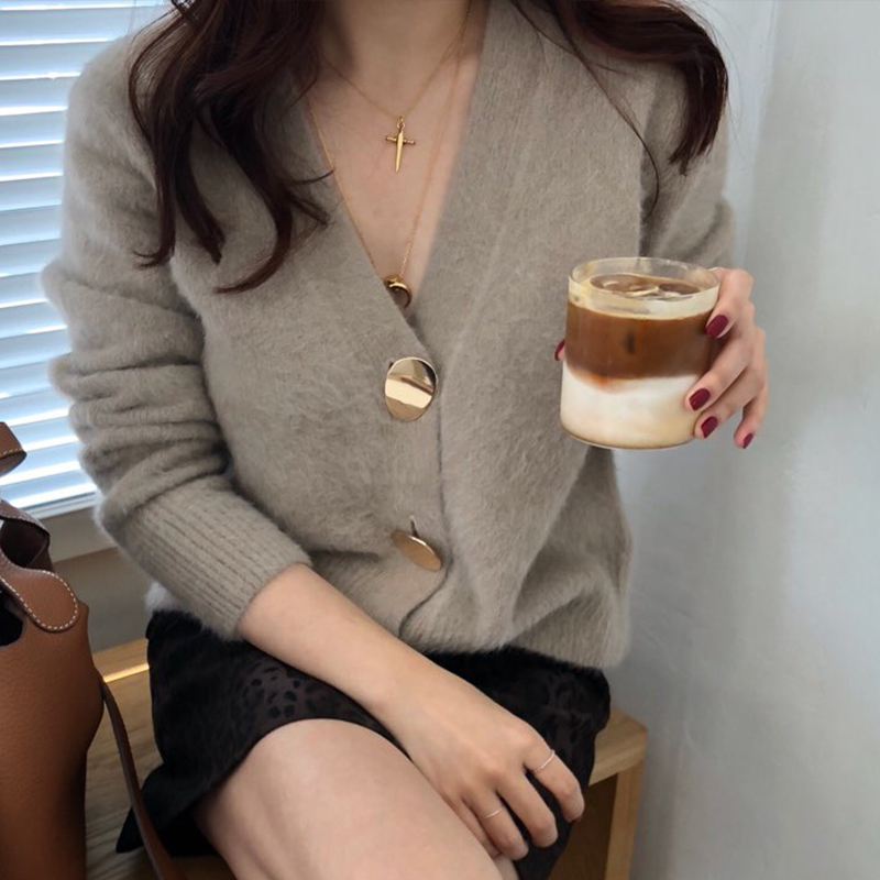 FMFSSOM Golden Shiny Button Single Breasted Woolen Women Cardigans Sweater Casual Female Warm Elegant Autumn Winter 201109