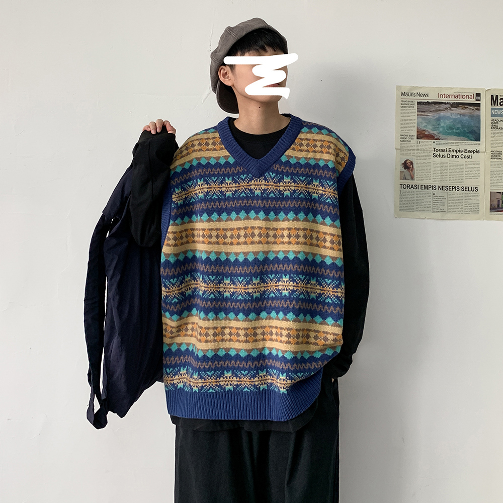 Men's V Collar Sleeveless Vest Knitting Waistcoat Sweater Vest School Spelling Color High Quality Pullover Khaki/blue Coats 201203