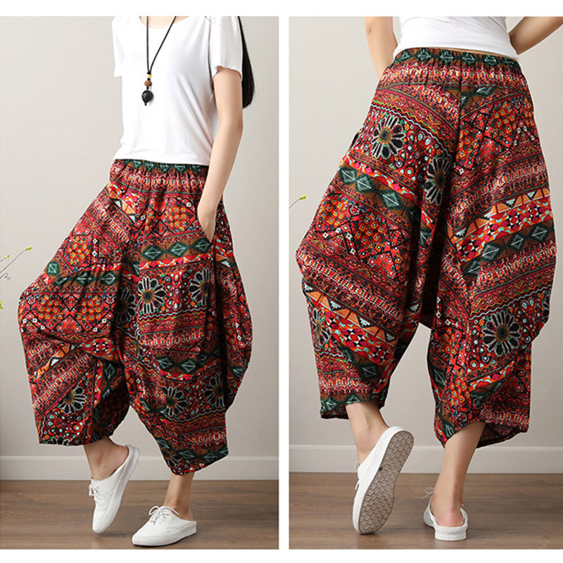 Women Bohemian Harem Pants Boho Chic Print Wide Leg Pants Summer Big Size Loose Hippie Trousers 201228