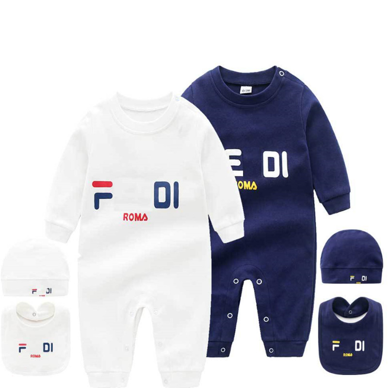 2020 Infant 3 pcs set Hat Bib Jumpsuit Kids Designer Clothes Girls Boys Brand letter Clothes Newborn Baby Rompers Toddler Designer Clothes, White