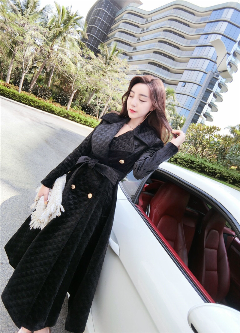 Autumn Winter Burgundy Velvet Long Overcoat Women's Notched Collar Outwear Vintage Thick Maxi Trench Coat R131 201211