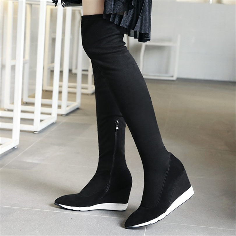 Hot Sale-Thigh High Boots Women Black Genuine Leather Over The Knee High Riding Booties Wedges Heel Tall Shaft Pumps