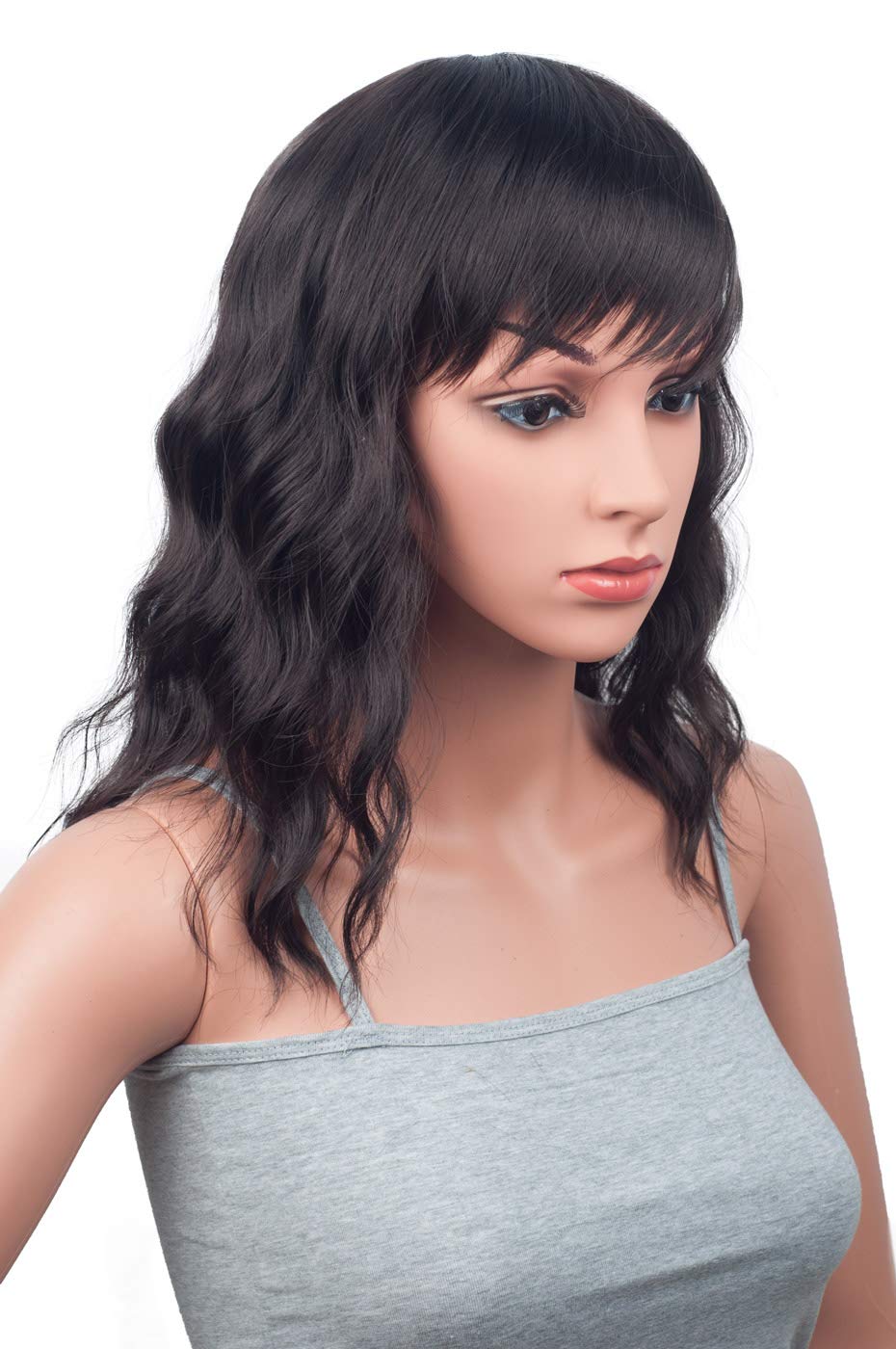 Pretty Charming Dark Brown Short Natural Casual Wavy loose wave Side bangs hair wigs for black women 14 Inches (Dark Brown-643)