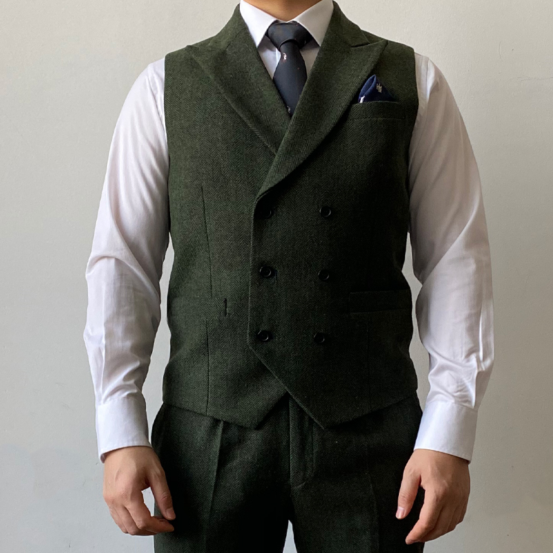 2021 Bristish Green Groom Vests Double Breasted Brown Wool Herringbone Tweed Groomsmen Vest Mens Suit Prom Wedding Waistcoat Dress Attire