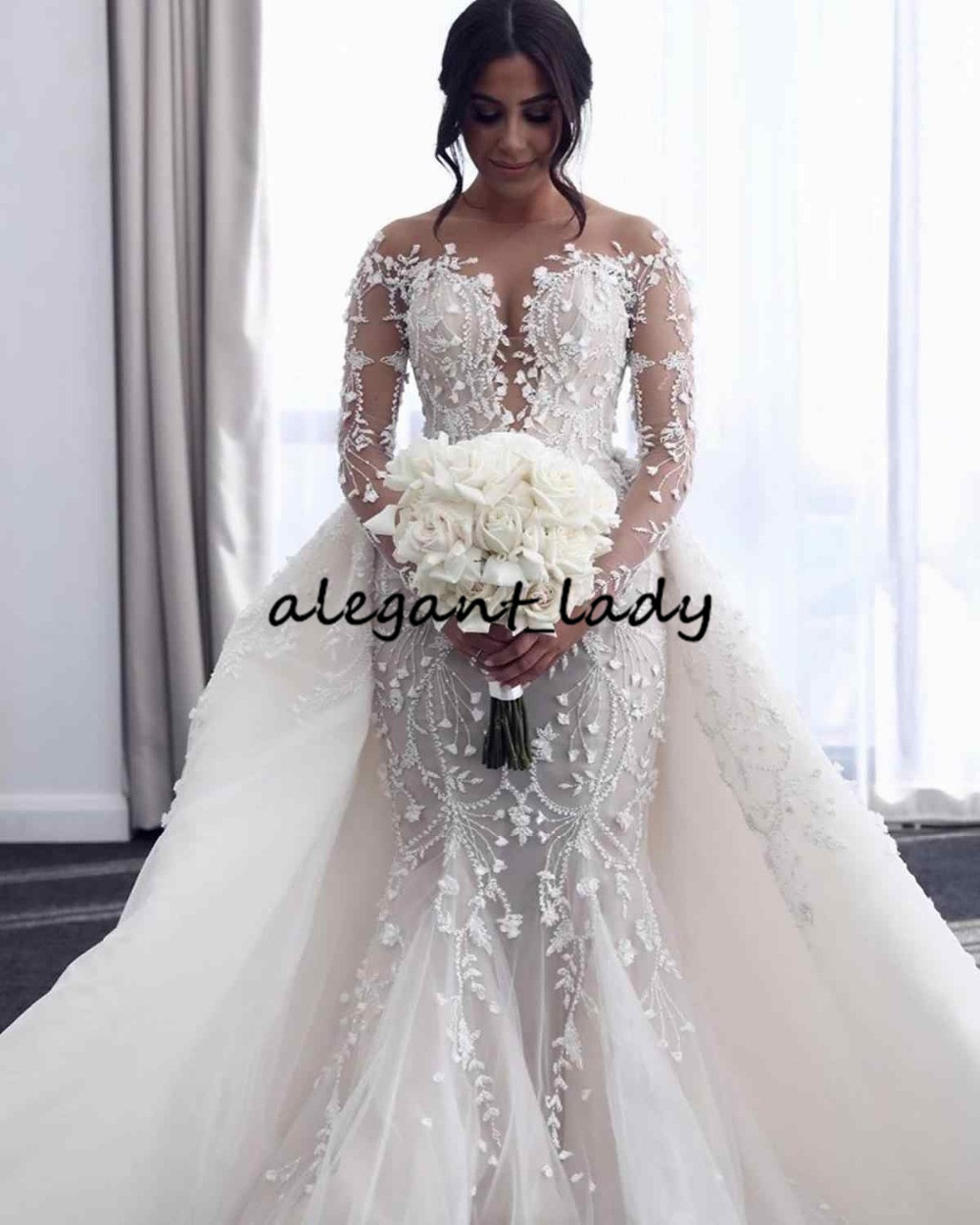 long Wedding Dresses With Removable Train illusion Long Sleeves Lace Beads Crystal O Neck Bridal Dresses Robe De Mariee Real Video