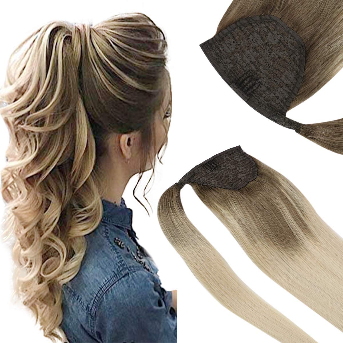 Balayage Human Hair Virgin Brazilian Wrap Around Clip In Ponytail Extensions Slik Straight Highlights Remy Pnytail Hair