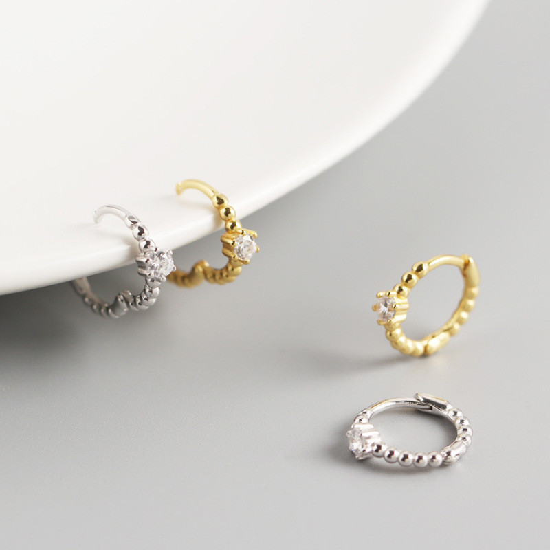 100% 925 Sterling Silver White CZ Zircon with Round Beads Stud Earrings Small Circle Earring for Women Fine Jewelry Wedding Party Gifts ML0
