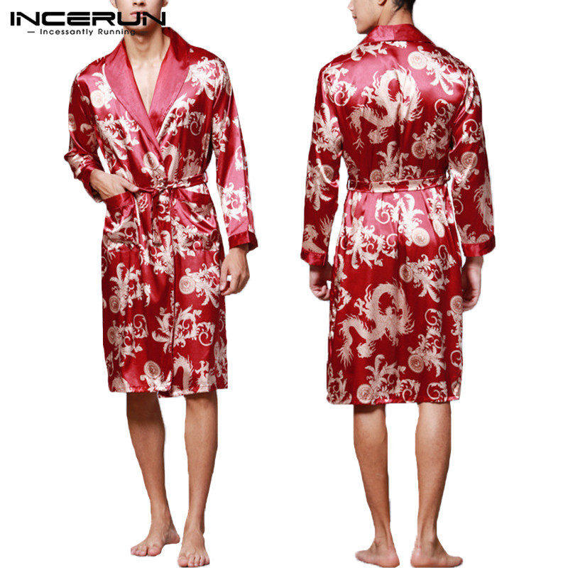 INCERUN Fashion Satin Silk Pajamas Mens Robe Long Sleeves Bathrobe Lucky Chinese Dragon Print Gown Bathrobe Sleepwear Lounge 210203
