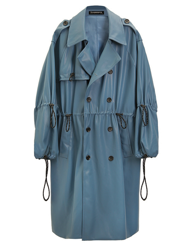 Nerazzurri Oversized blue long leather trench coat women raglan sleeve drawstring Loose casual plus size waterproof raincoat 7xl 201226